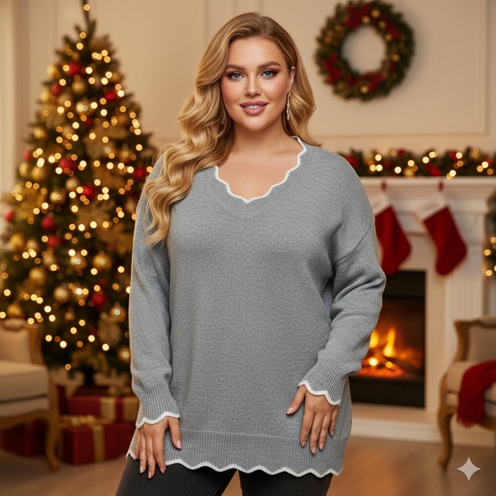 Beautiful and Oversized Gray Scalloped V-Neck Women's Sweater
